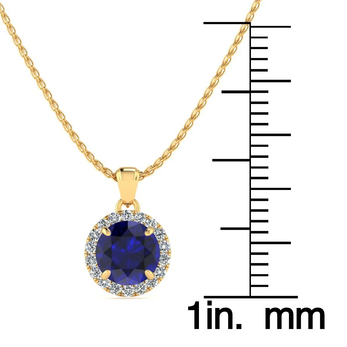 1 Carat Round Shape Sapphire And Halo Diamond Necklace In 14 Karat Yellow Gold