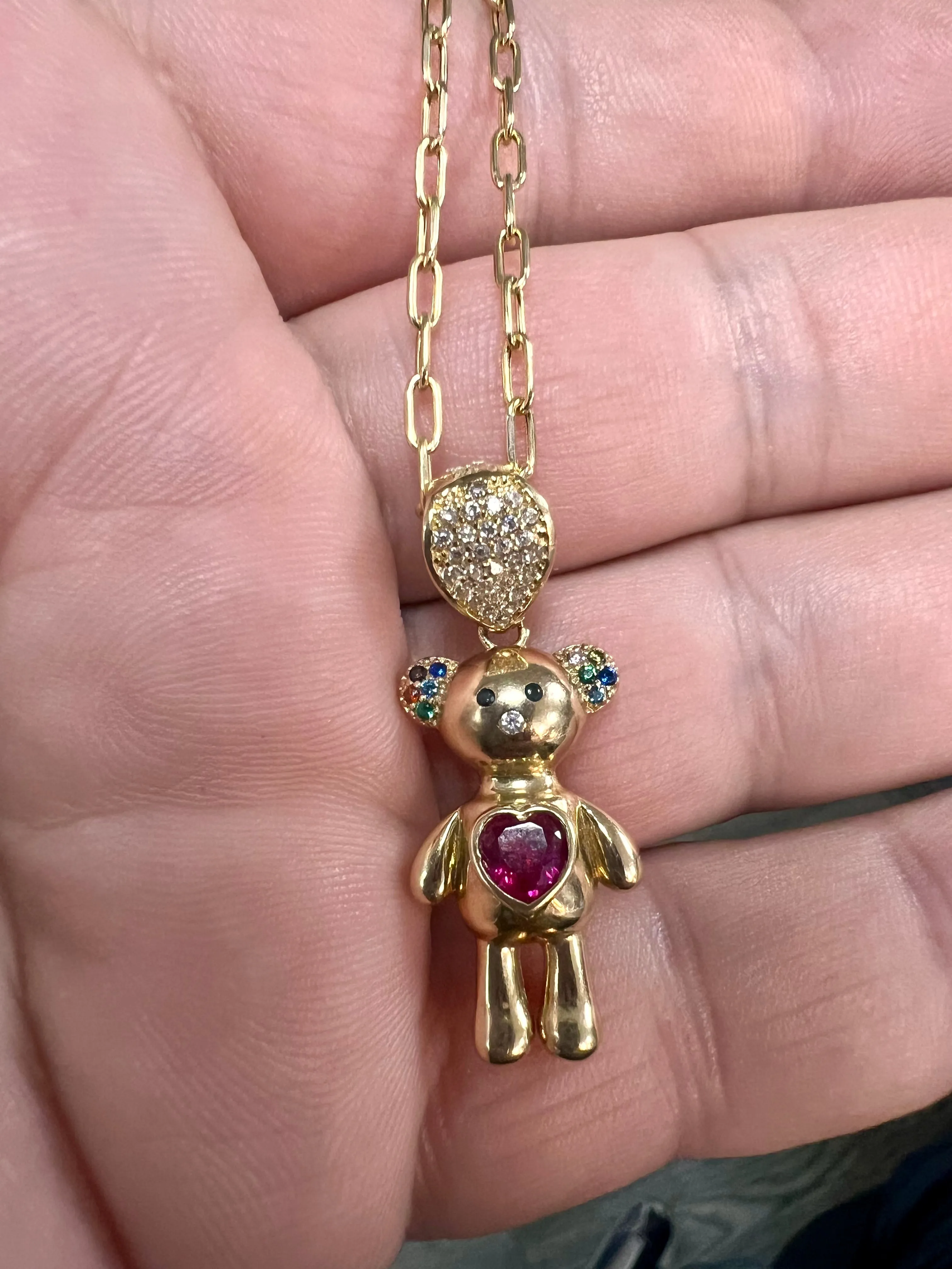 10K Yellow Gold red Teddy Bear Charm paper clip choker-53839