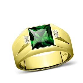 14K Real Yellow Gold Green Emerald Ring For Men 4 Natural Diamond Accents