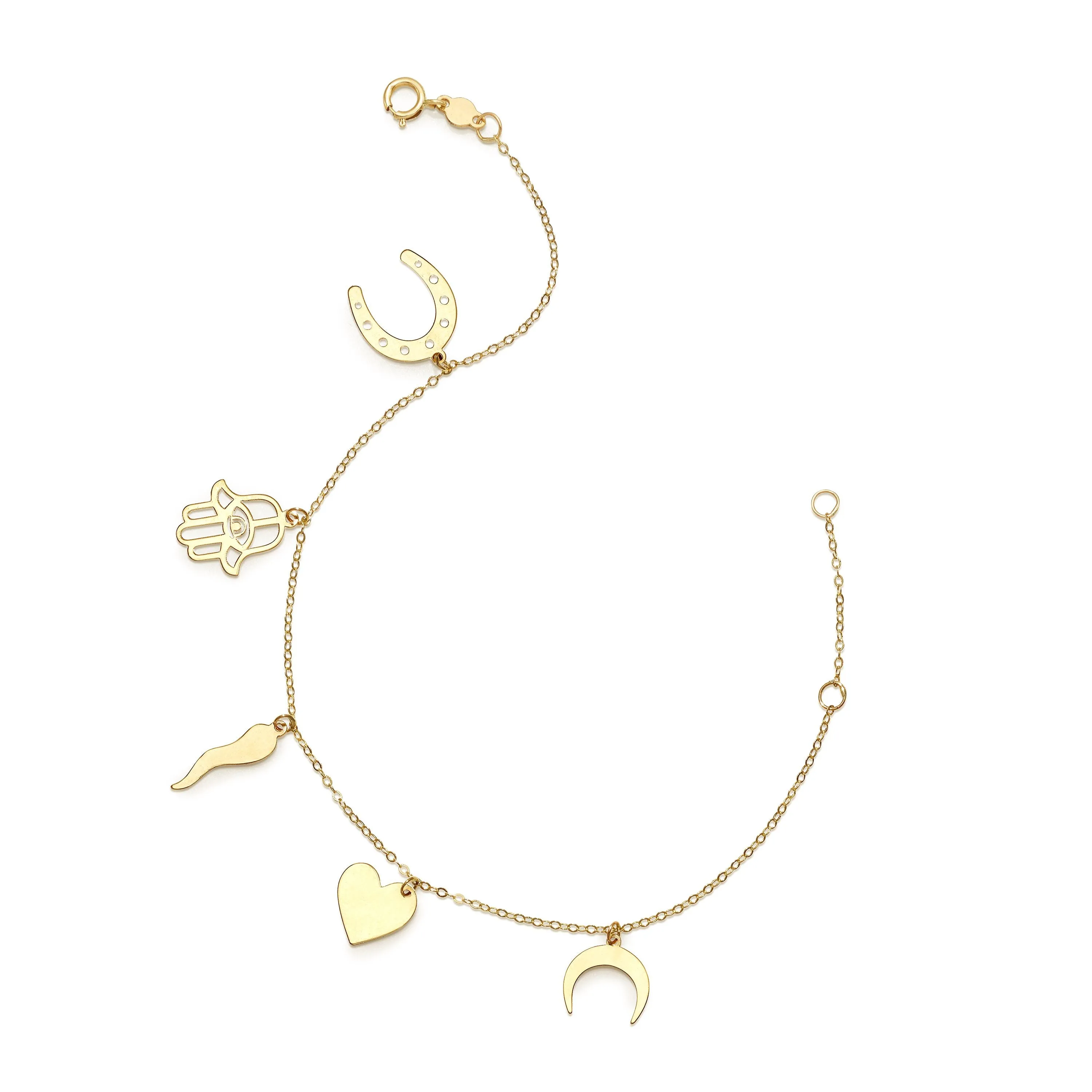 14k Yellow Gold Hamsa Heart Moon Charm Bracelet, 7