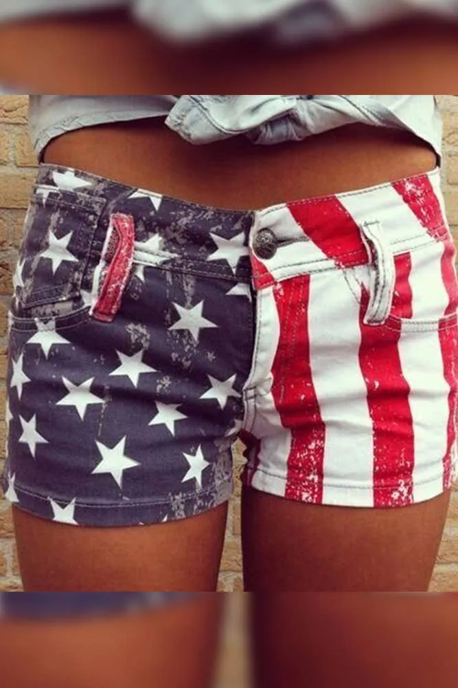 4th of July American Flag Print Denim Shorts