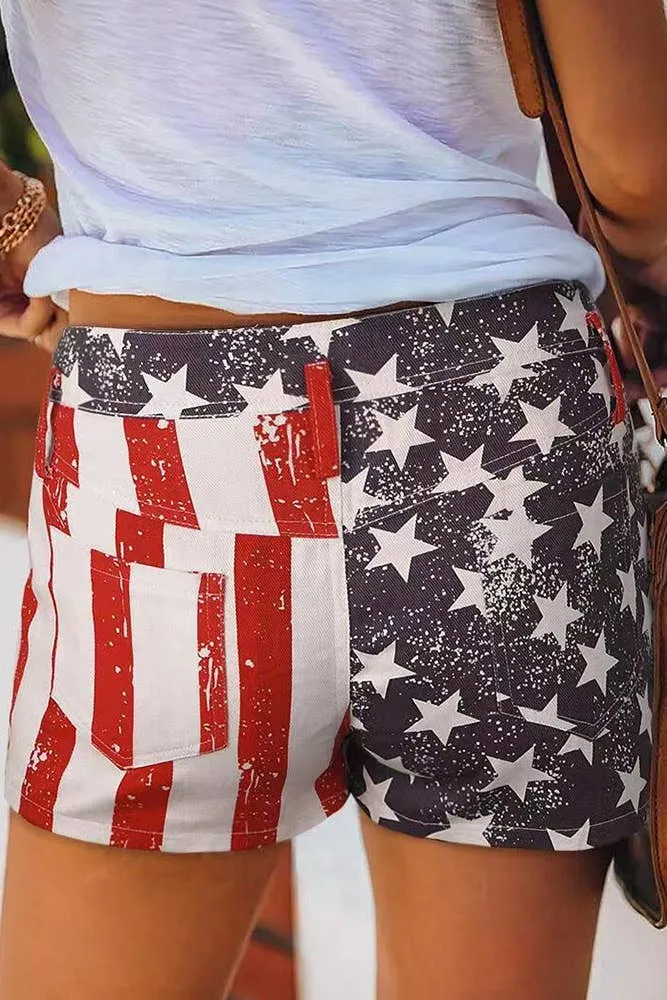 4th of July American Flag Print Denim Shorts