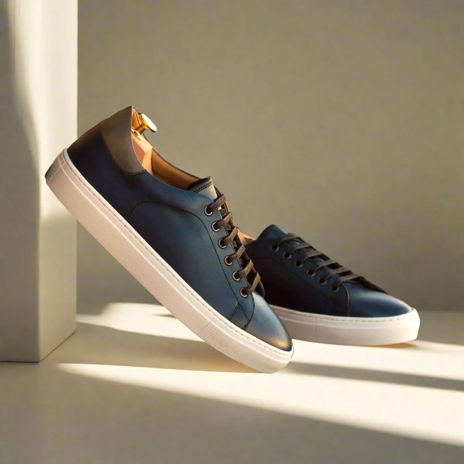 Ambrogio Bespoke Custom Men's Shoes Black, Gray & Navy Calf-Skin Leather Trainer Sneakers (AMB1918)