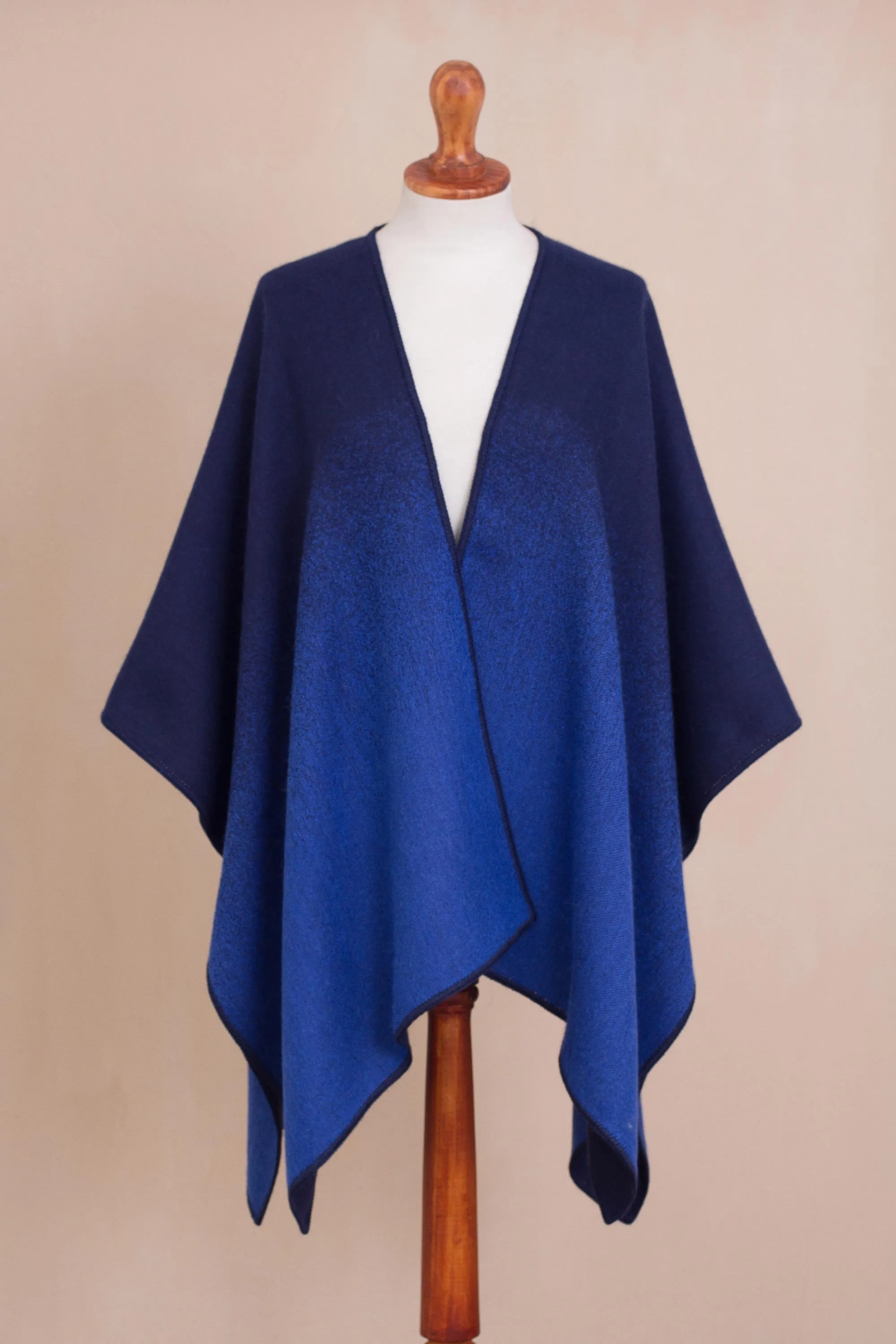 Andean Wind in Cornflower Reversible Alpaca Blend Ruana in Cornflower and Navy