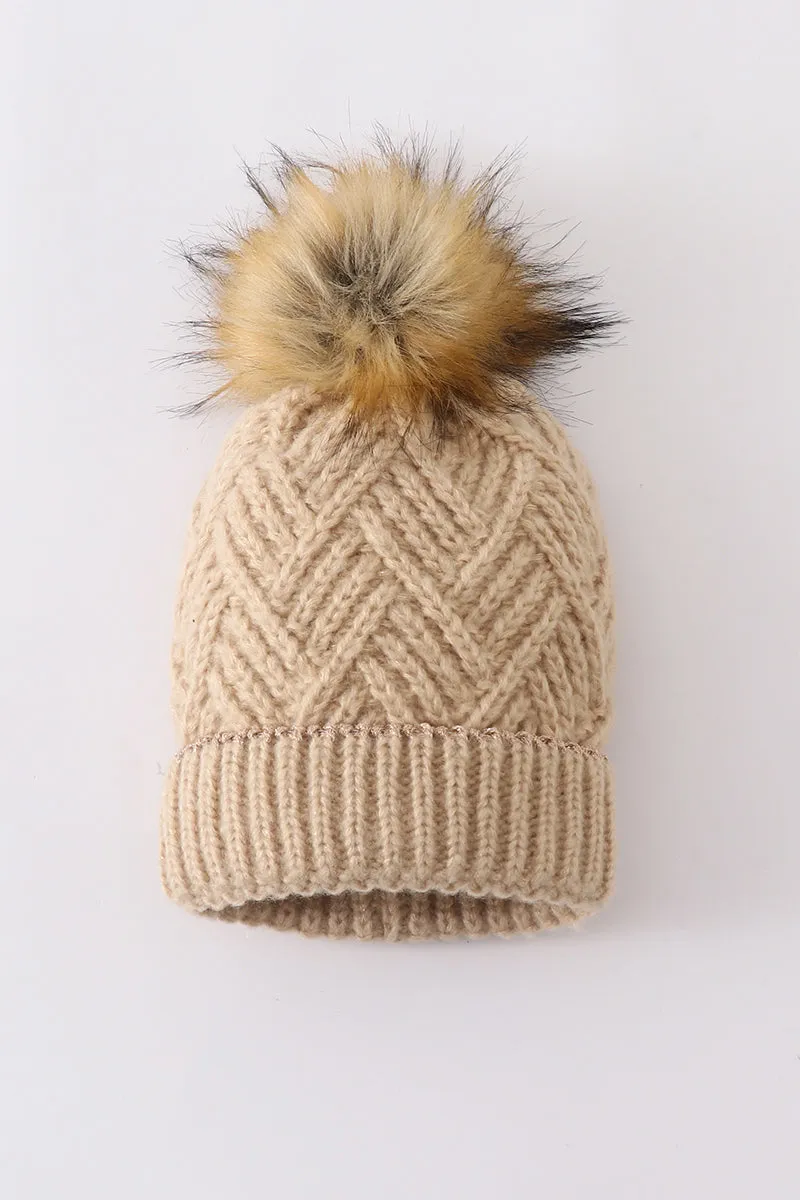 Beige cross cable knit pom pom beanie hat baby toddler adult