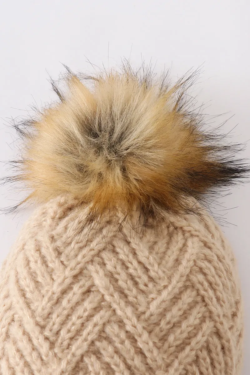 Beige cross cable knit pom pom beanie hat baby toddler adult