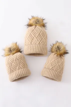 Beige cross cable knit pom pom beanie hat baby toddler adult