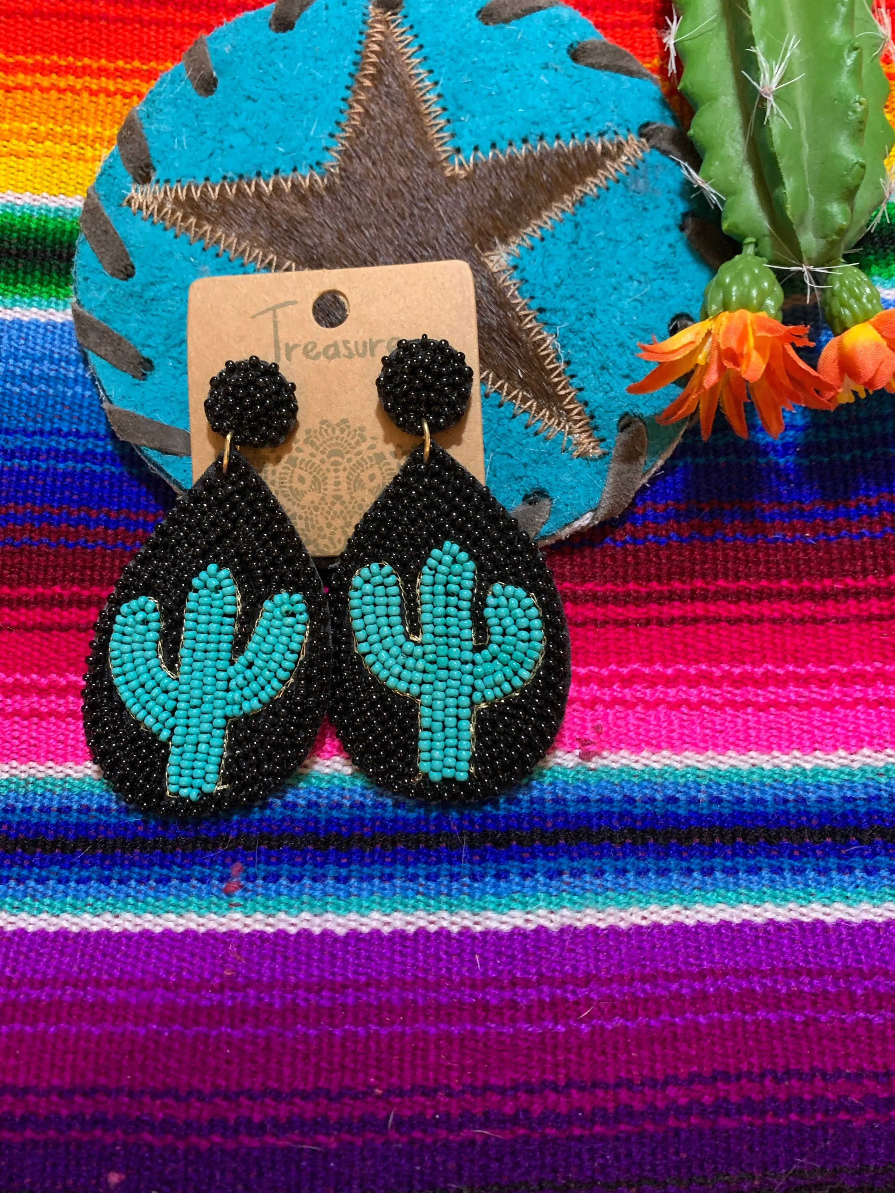 Black beaded cactus earrings