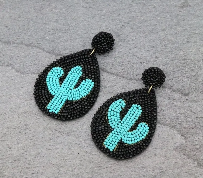 Black beaded cactus earrings