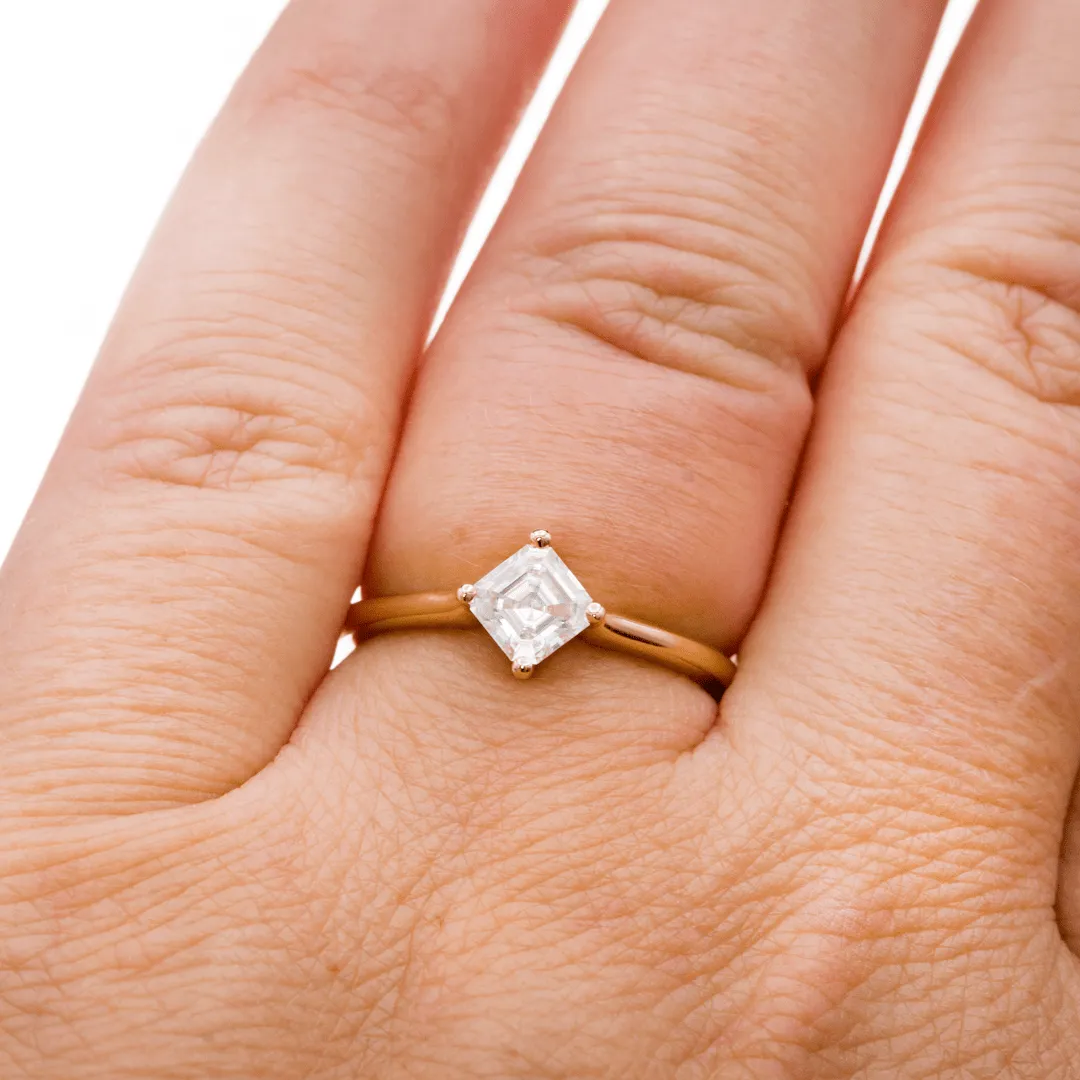 Cora Asscher Cut Moissanite Compass Prong Set 18k Gold Solitaire Engagement Ring, Ready to Ship