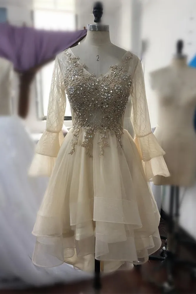 Cute High Low Long Sleeves Lace Beading Prom Dresses For Teens