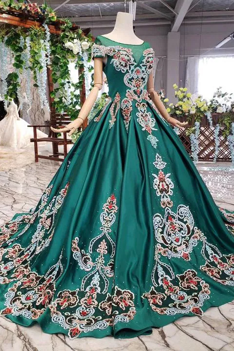 Luxury Green Round Neck Short Sleeves Prom Dresses with Beading