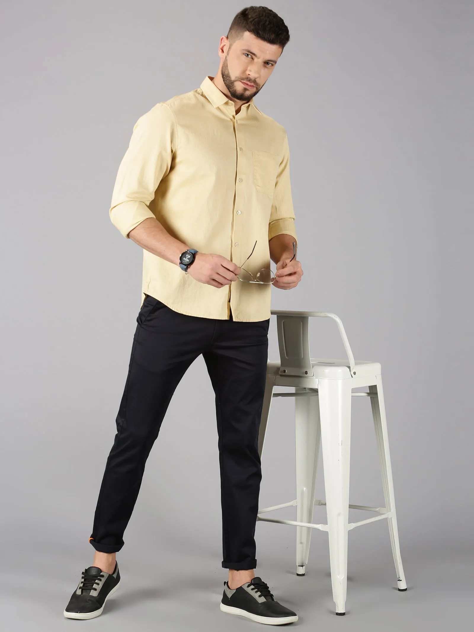 MEN'S BEIGE DOBBY SLIM FIT SHIRT