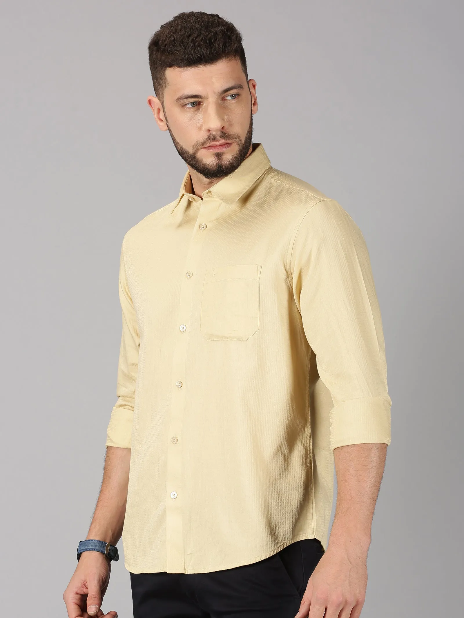 MEN'S BEIGE DOBBY SLIM FIT SHIRT