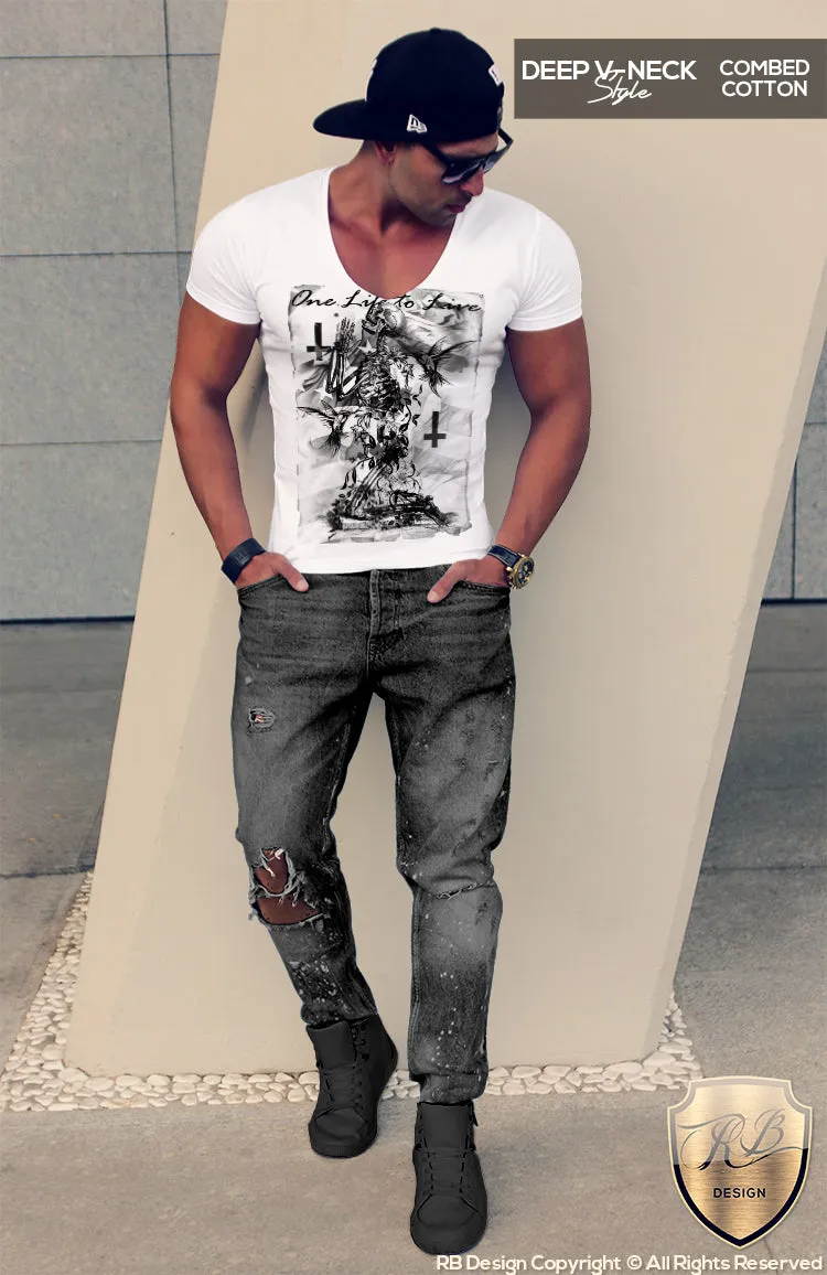 Men's Praying Skeleton T-shirt Trendy Festival Fashion Top MD685 Black