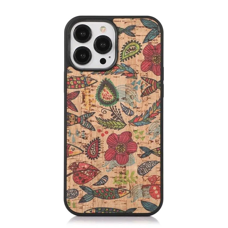 Nobilis Floral Pattern Breathable Cork Wood iPhone Case with Soft Shockproof Silicone Bumper