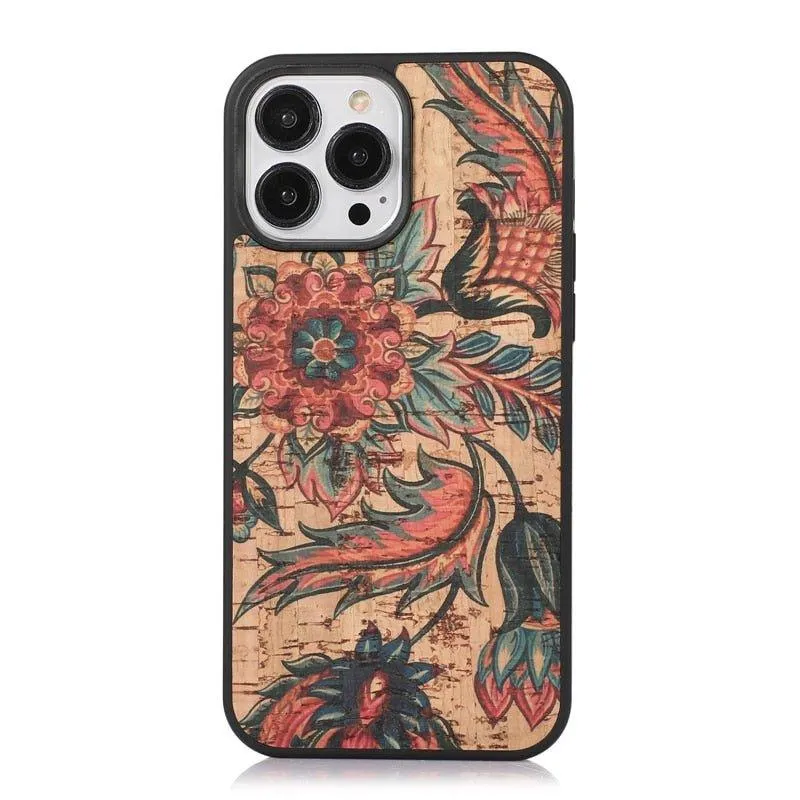 Nobilis Floral Pattern Breathable Cork Wood iPhone Case with Soft Shockproof Silicone Bumper