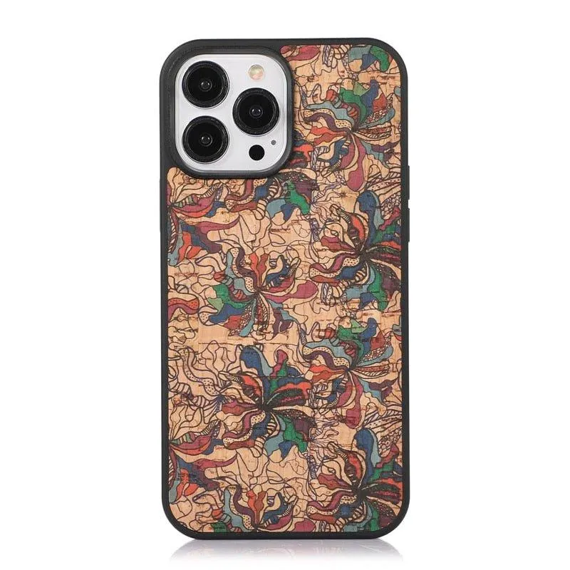 Nobilis Floral Pattern Breathable Cork Wood iPhone Case with Soft Shockproof Silicone Bumper