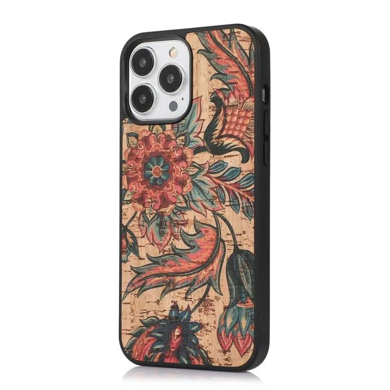 Nobilis Floral Pattern Breathable Cork Wood iPhone Case with Soft Shockproof Silicone Bumper