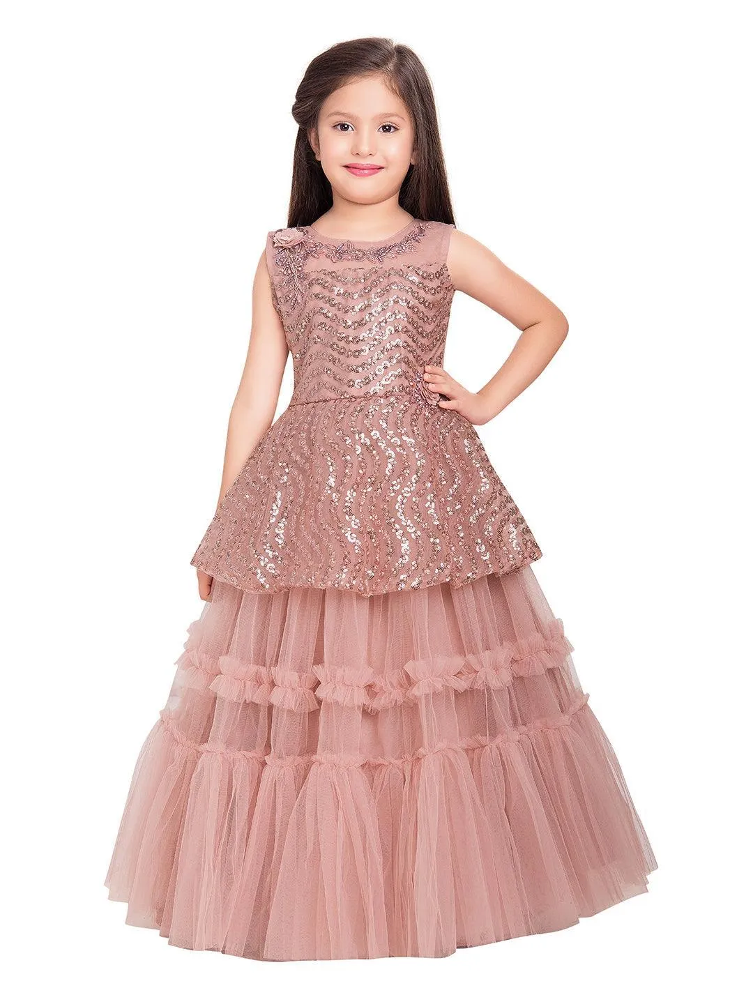 Orchid Coloured Embellished Peplum Styled Imported Net Gown For Girls