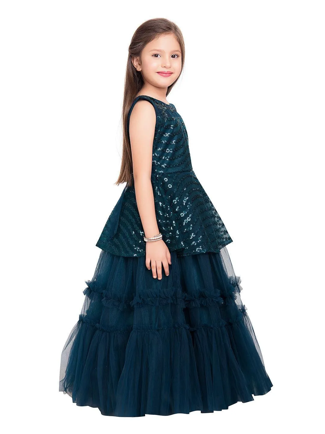 Orchid Coloured Embellished Peplum Styled Imported Net Gown For Girls