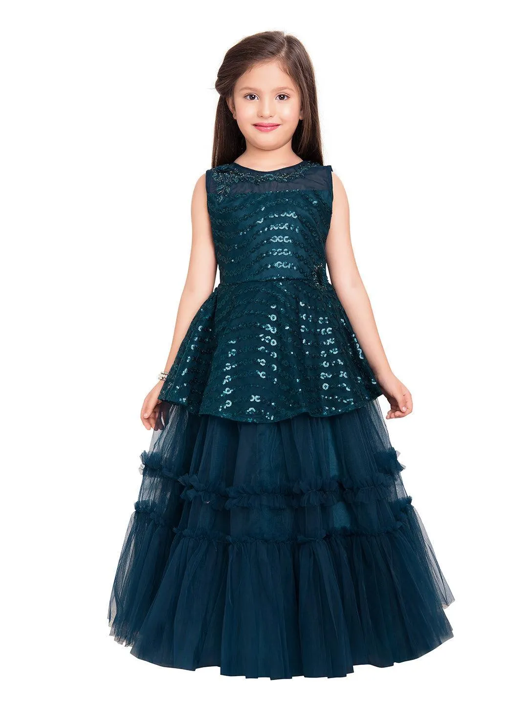 Orchid Coloured Embellished Peplum Styled Imported Net Gown For Girls