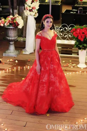 Red Off Shoulder V Neck A Line Lace Prom Dresses Long Ball Gowns