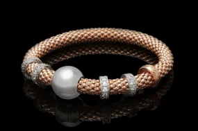 Rose Gold Plated Silver Beaded Stretch Bracelet with multiple Rows of Cubic Zirconia Rings 19cm long - Ceilo Milan