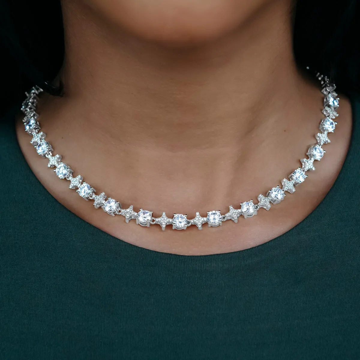 Round Stone Star Tennis Necklace   Bracelet Bundle in White Gold