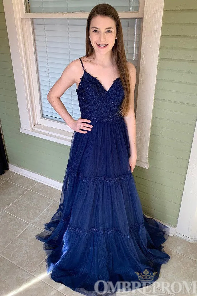 Royal Blue Spaghetti Straps V Neck Lace Prom Dresses