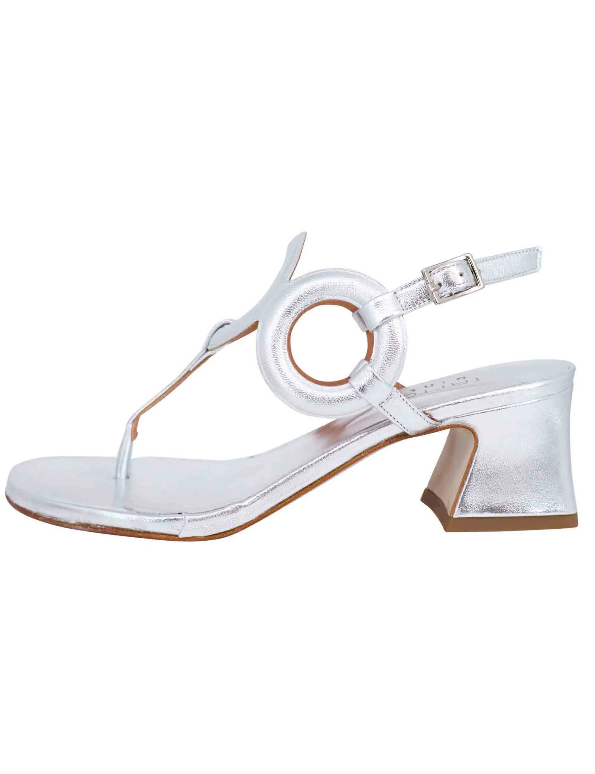 Sandali infradito slingback donna in pelle laminata argento con punta tonda