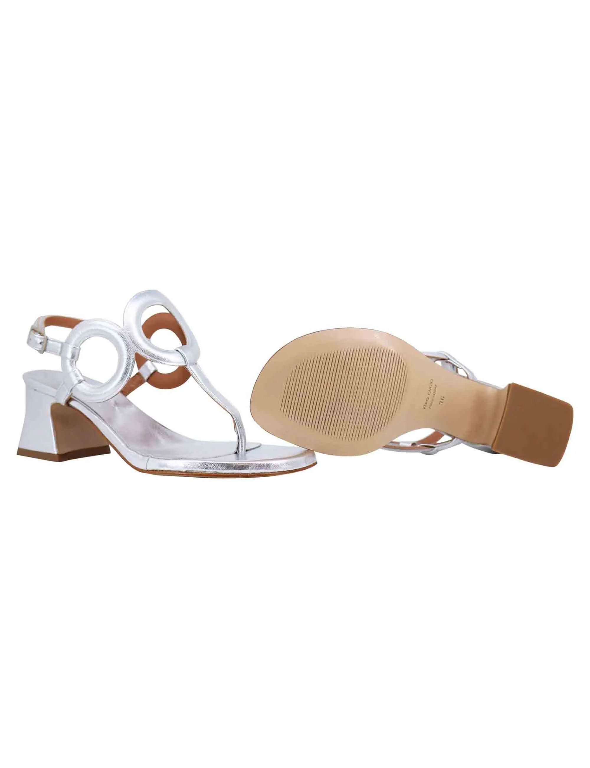 Sandali infradito slingback donna in pelle laminata argento con punta tonda