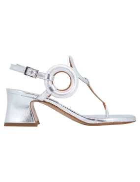 Sandali infradito slingback donna in pelle laminata argento con punta tonda