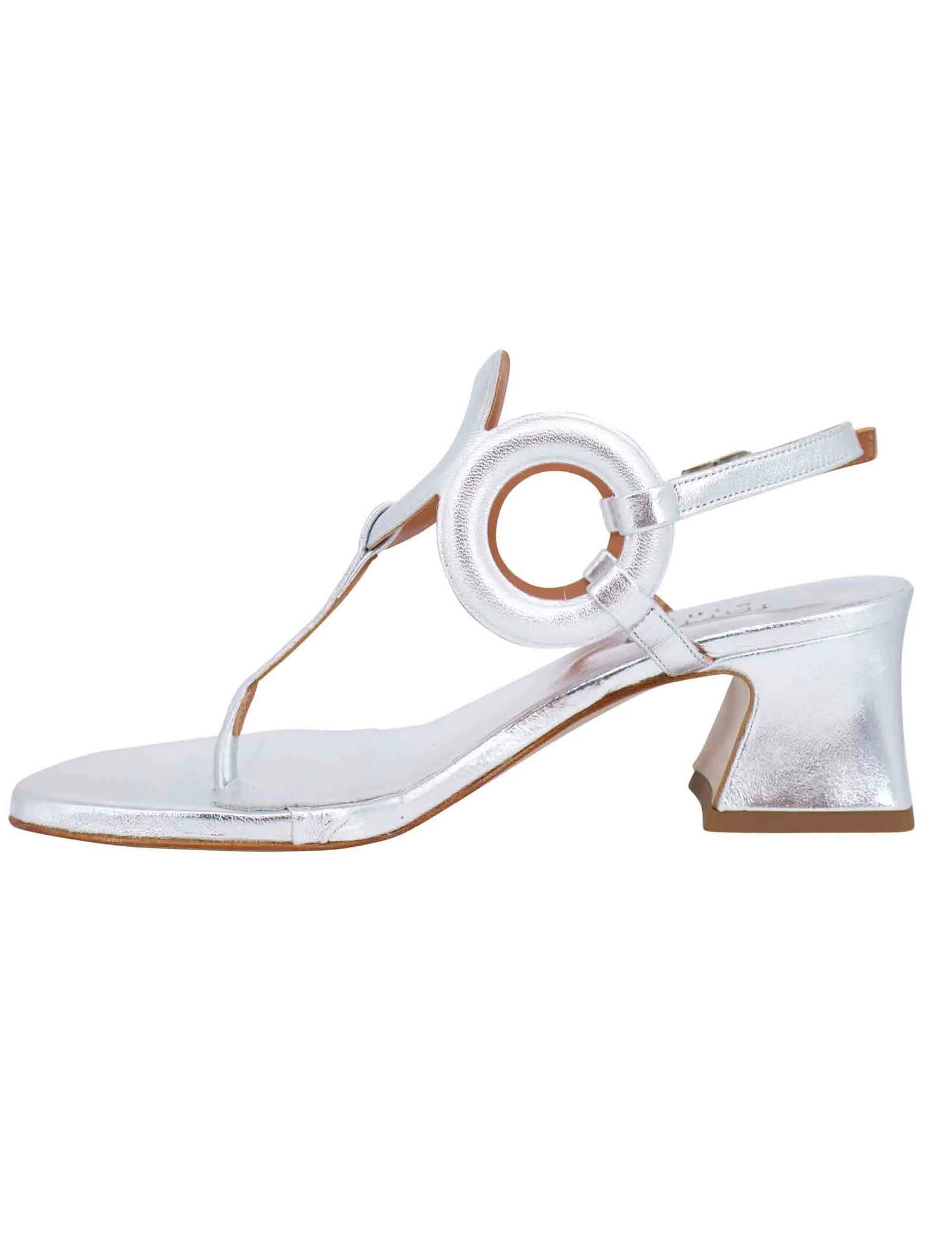 Sandali infradito slingback donna in pelle laminata argento con punta tonda