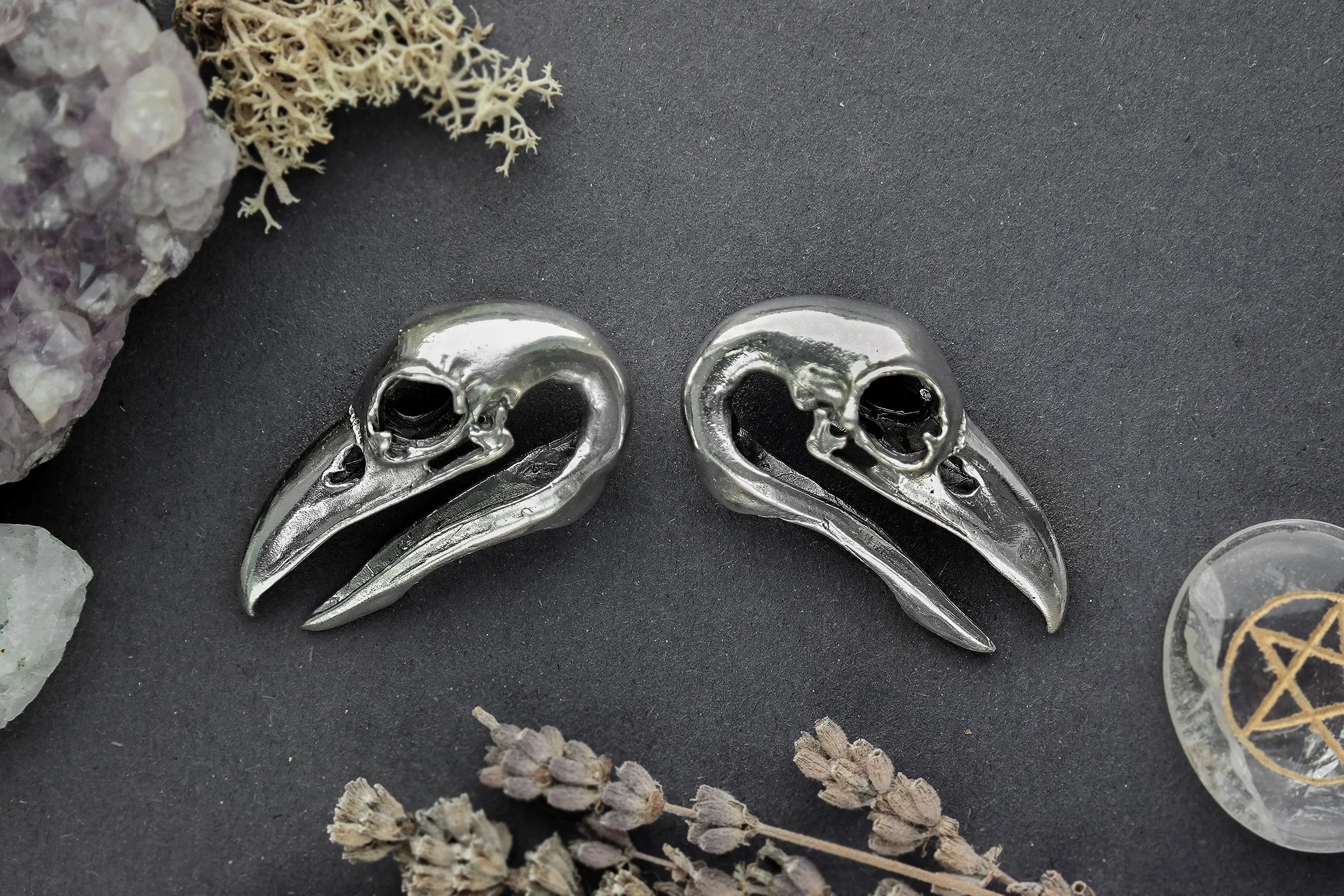 Silver Raven Skull Ear Weights