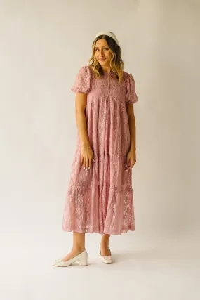 The Amari Bubble Sleeve Lace Midi Dress in Dusty Rose