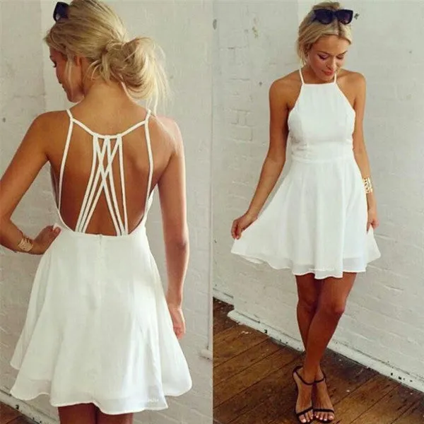 White Halter Sleeveless Tie Back Chiffon Short Homecoming Dresses